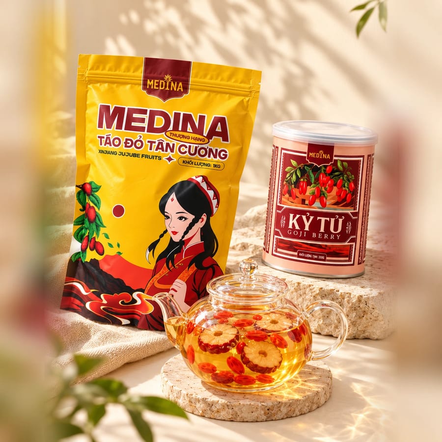 Combo táo đỏ túi vàng, lon kỷ tử và ấm trà táo đỏ kỷ tử Medina (ảnh minh hoạ)
