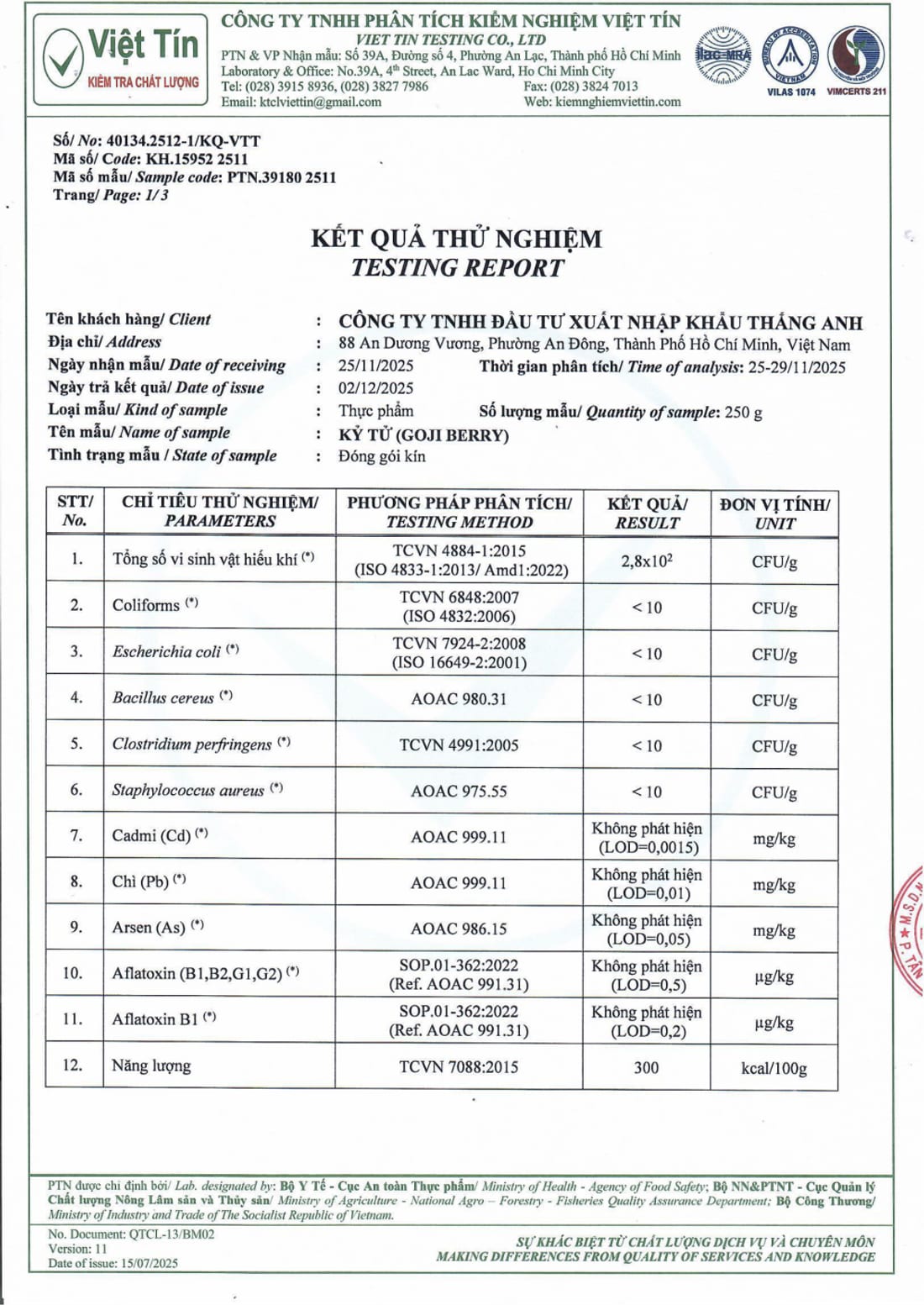Phiếu kết quả thử nghiệm kỷ tử Medina của Việt Tín