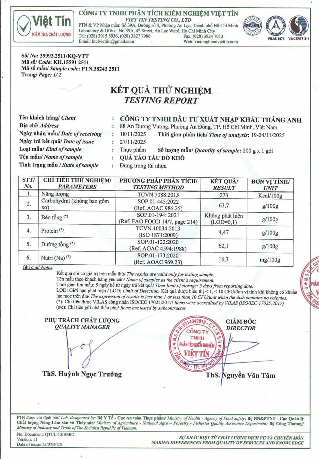 Phiếu kết quả thử nghiệm táo đỏ khô Medina của Việt Tín